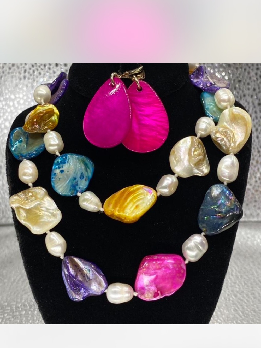 *** Albalone ^*^  Multicolor Shell / Pearl Statement Necklace / Shell Earrings - Picture 6 of 7